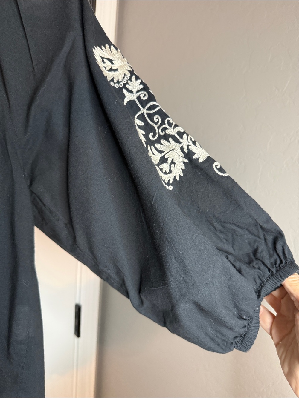 Karen Kane Black Blouse with Cream Embroidery and Tassel Tie - Picture 7 of 7